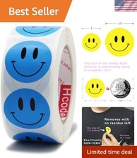 500 Happy Face Round Reward Stickers - Non-Toxic 1 Inch Blue Labels For Teachers