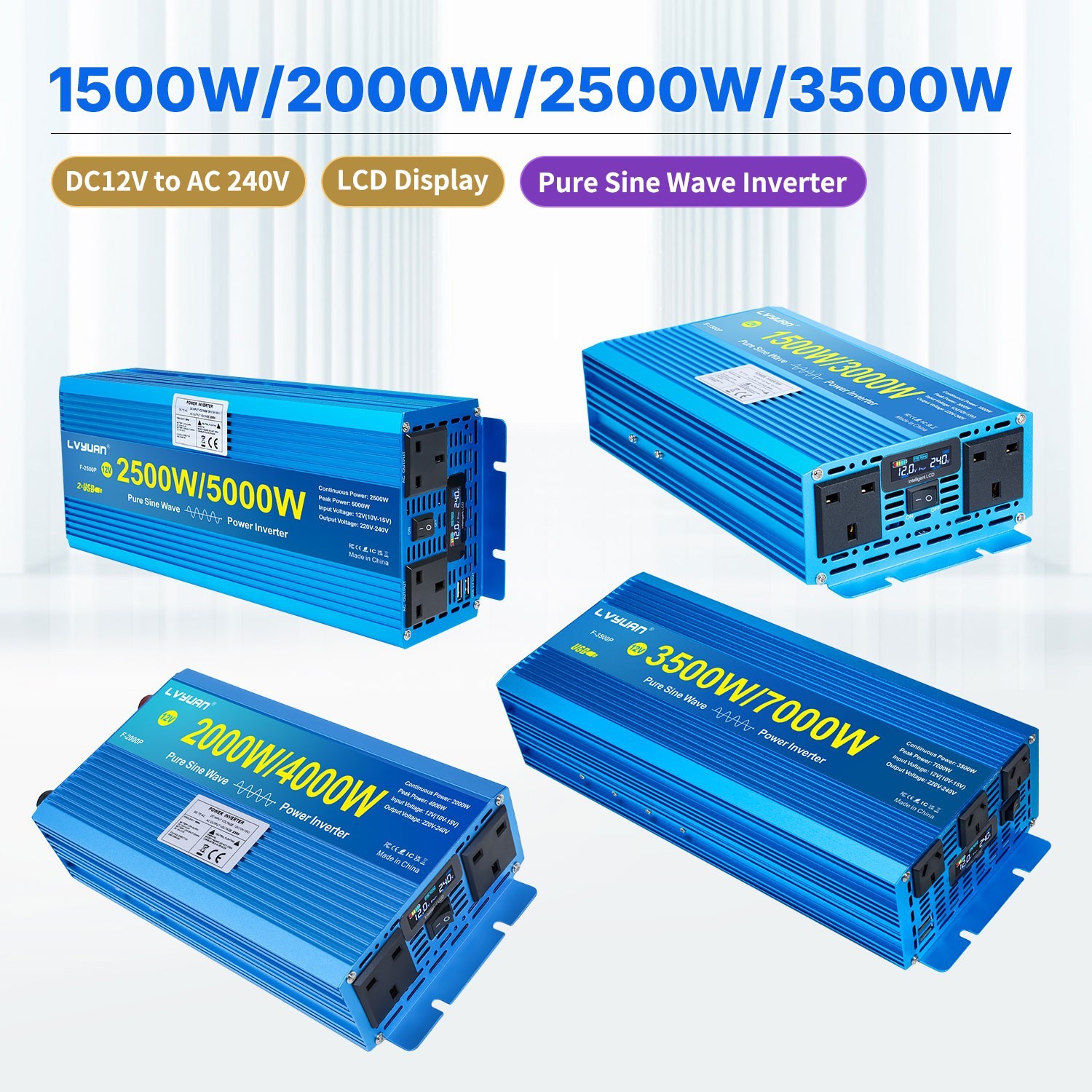 Inversor de potencia de onda sinusoidal pura 1500W 2000W 3500W convertidor de 12V 24V a 240V con LCD