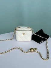 Chanel Mini Quilted Lambskin Vanity Case Crossbody Bag White Adjustable GoldBall
