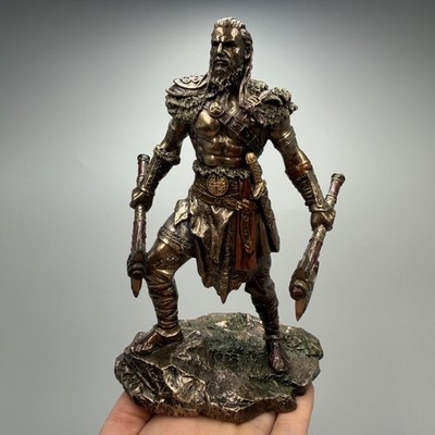 Viking Warrior Statue Bronze Finish Norse Figurine Two Axes Gift Box Decor Italy