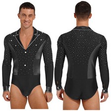 Mens Dancewear Patchwork Bodysuit Underwear Jumpsuit Body Glittery Tango Dance