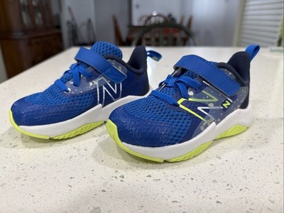 New Balance Kid's Rave Run V2 Blue/ Lime Green Shoes Toddler SZ 8.5 Xtra Wide