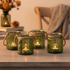 4er Set Windlicht Glas Grün Khaki H10cm Teelichthalter Tischdeko Kerzen Retro