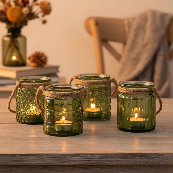 4Er Set Windlicht Glas GrüN Khaki H10Cm Teelichthalter Tischdeko Kerzen Retro-image