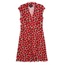Lesley Evers Women Large A-Line Dress Red Pink Strawberry V-Neck Cap Sleeve