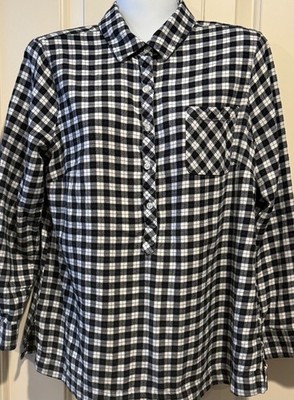 Lands' End Black White Plaid Cotton Flannel Henley Pullover Shirt - 12P Petite