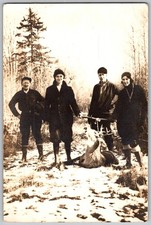 Vtg B&W Snapshot Group Of Hunters With Deer Buck in Snow Winter Woods 1934