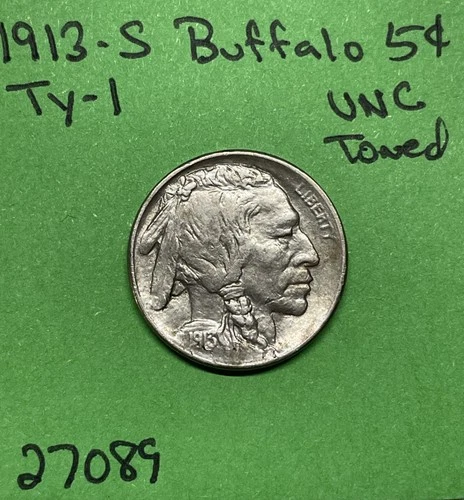 1913-S Type-1 Buffalo 🦬 Indian Head Nickel 5c Piece Uncirculated Toned