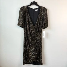 Calvin Klein Sequins Tulip Hem Knee Length Dress Black Gold 14W
