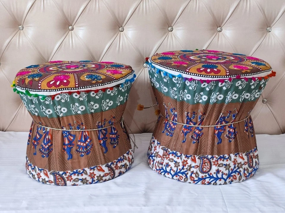 Set of 2 Bohemian IndianThrow Mudda Cover 18 in Red Cotton Footsrool Mudda Round - Image 3 of 4