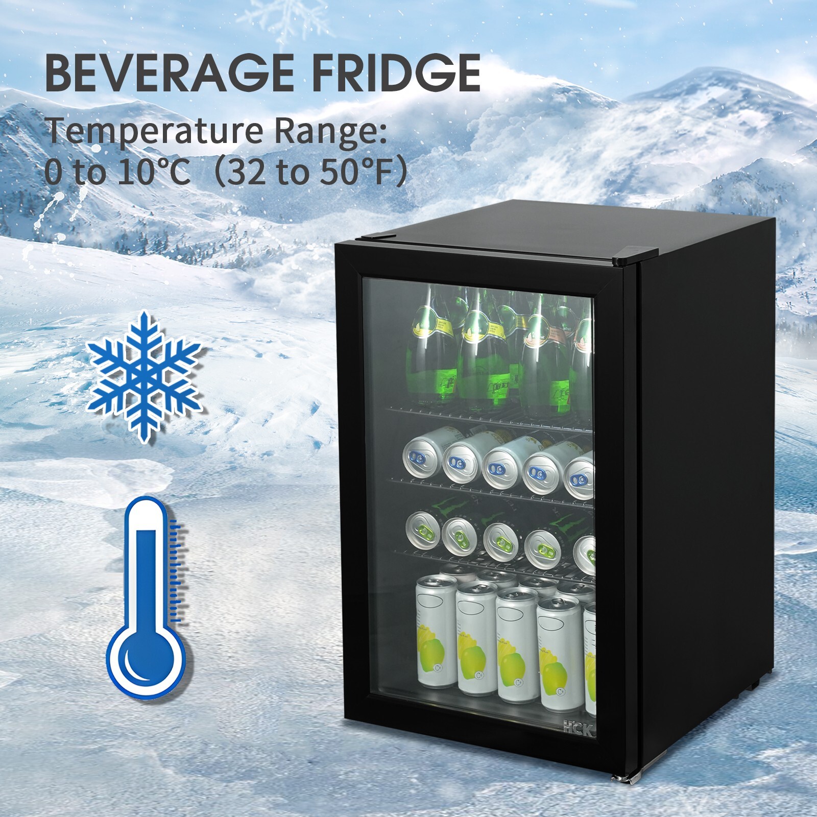 HCK Beverage Refrigerator 70L Bar Fridge Glass Door Countertop Freezer