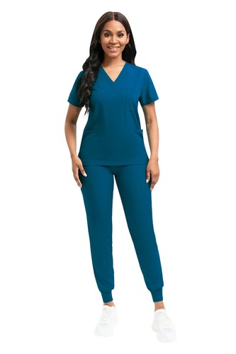Unisex Stretch Medical Nurse Scrub Uniform Set V-Neck 3-Pocket-Top Jogger Pants - Picture 82 of 103