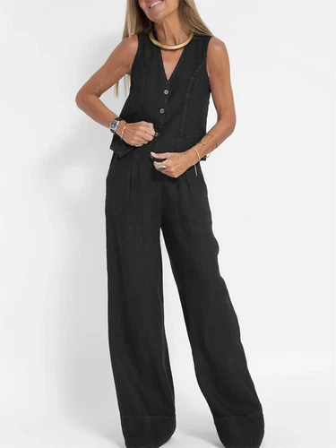 Women's 2 Piece Outfit, Sleeveless, Button Up Vest, Long Pants, Linen Set - Picture 13 of 13