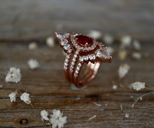 Exquisite Pear Cut Lab Created Ruby Rose Gold Plated on Silver Art Deco Ring Set - Picture 2 of 7