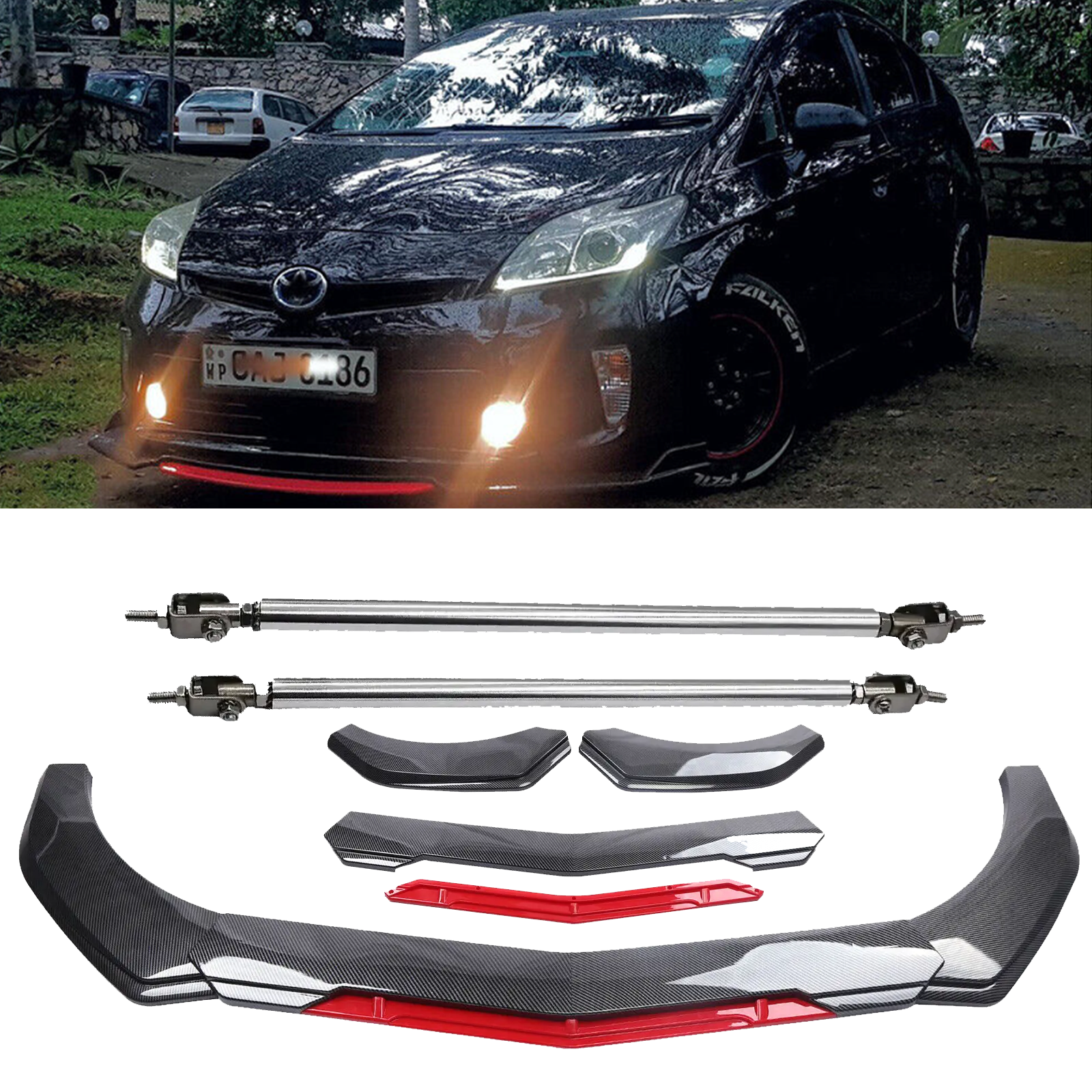 Carbon Fiber Front Bumper Lip Spoiler Splitter Strut Rod for Toyota Prius