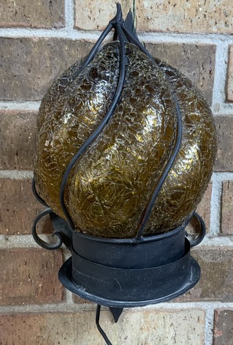 Pair Vintage Wall Light Sconces Iron Spanish Gothic Caged Glass Amber Crackle - Picture 8 of 24