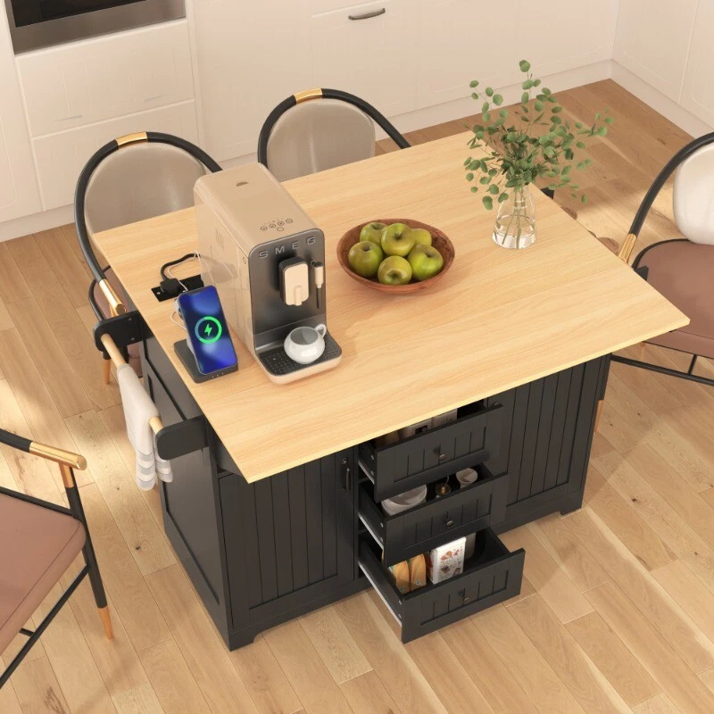 55.7'' Large Kitchen Island with 2 Drop Leaf Rolling Kitchen Cart on 5 Wheels - Image 3 of 4