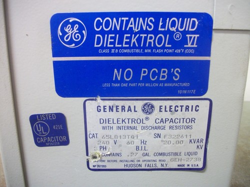 GE DIELEKTROL CAPACITOR W/ DISCHARGE RESISTORS 65L813TQ1 20KVAR 240VOLT 3PH NOB - Picture 5 of 5