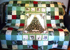 Handmade Lap Quilt, Decorated Christmas Tree Coordinating Prints 61" x 63"