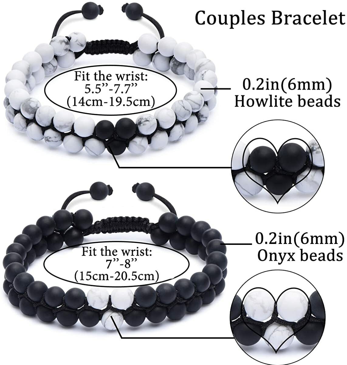 2Pack Double Row Natural Stone Distance Bracelet Ying&Yan Couple Bracelets  Set