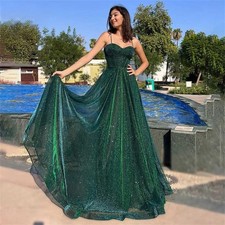Spaghetti Strap Sweetheart Glitter Tulle Evening Dresses Floor Length Prom Gown