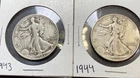 1943 P 1944 p $1 Face 🔥Walking Liberty Half Dollars🔥90% Silver Lot of 2