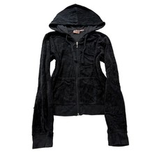 Juicy Couture Women's Black Velour Zip-Up Hoodie Pockets Drawstring Y2K Size M
