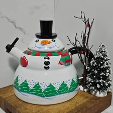 Vintage ROSHCO Enamelware Snowman Whistling Teapot Tea Kettle 3QT