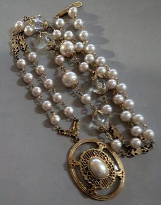 Vintage Victorian 1928 Signed Faux Pearl Beaded & Crystal 30" Necklace
