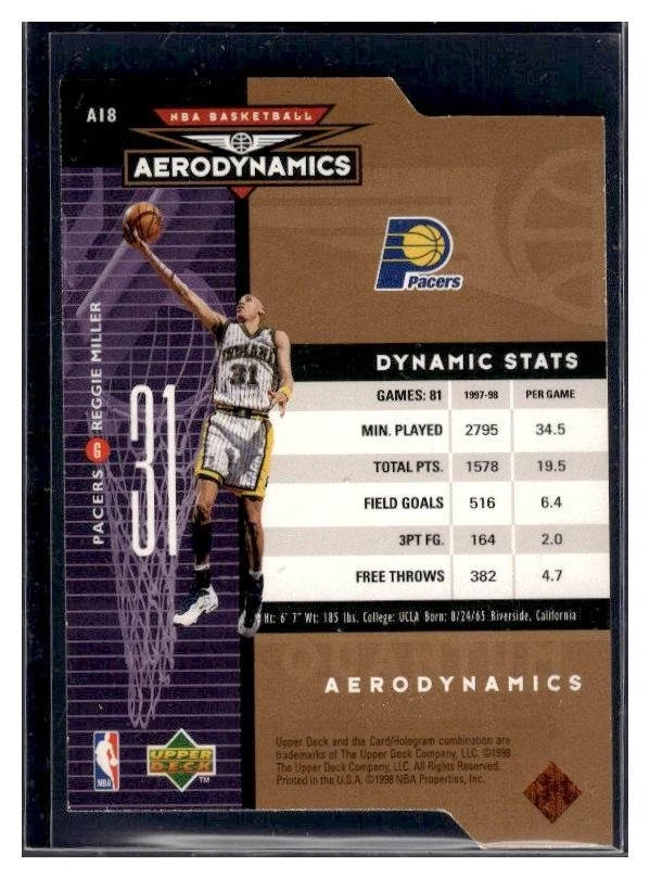 1998-99 Upper Deck Aerodynamics Reggie Miller #A18 Bronze Quantum Die-Cut /2000 - Image 2 of 2