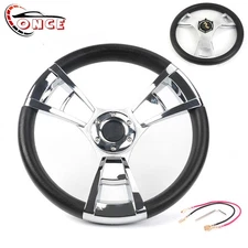 13.5" 345mm Universal Billet Steering Wheel Black Grip Silver Chrome 3 Spokes