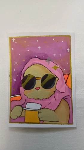 ACEO Original Art Cat Coffee Kawaii Purple Acrylic Paint OOAK Miniature Art Card