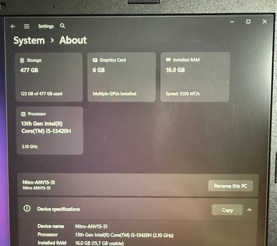 Acer Nitro V 15 ANV15-51 15.6'' 512GB SSD 16GB RAM Intel i5-13420H RTX 3050, 9/10