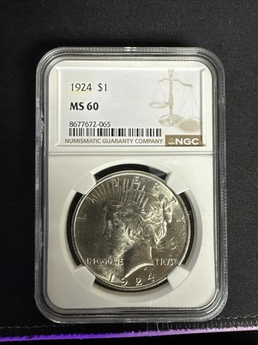 1924 Peace Silver Dollar NGC MS-60 $1 Coin 90% Silver Dollar