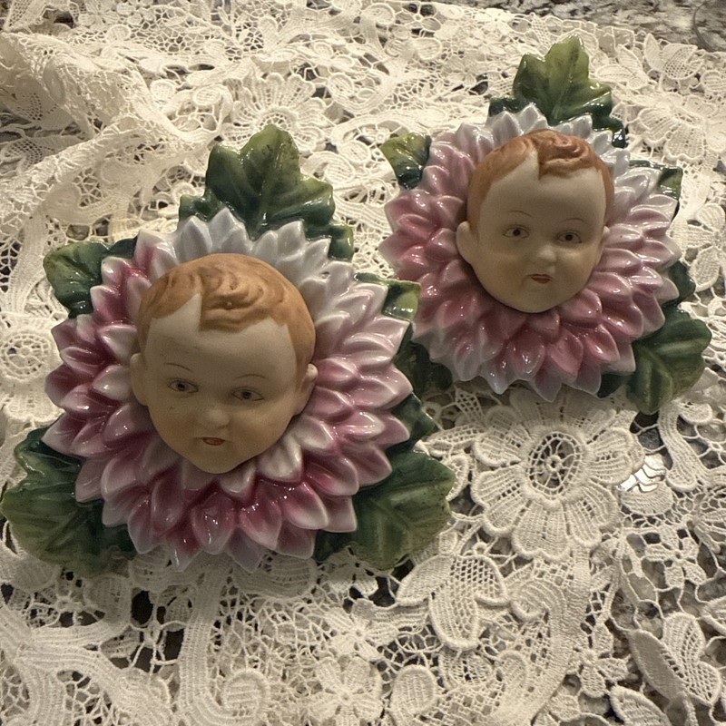 Vintage Ardalt Baby Heads Flower Porcelain Wall Plaque/oddity garden FREE SHIP 