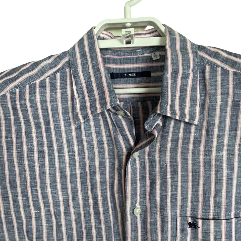 Camisa Pal Zileri linho Itália 41 EUA 16 listrada azul rosa botão para cima manga longa - Imagem 2 de 4