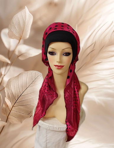 Pre-tied Tichel Chemo Scarf Hair wrap. Head Covereing Silky NONE SLIP Red/Black - Picture 2 of 8