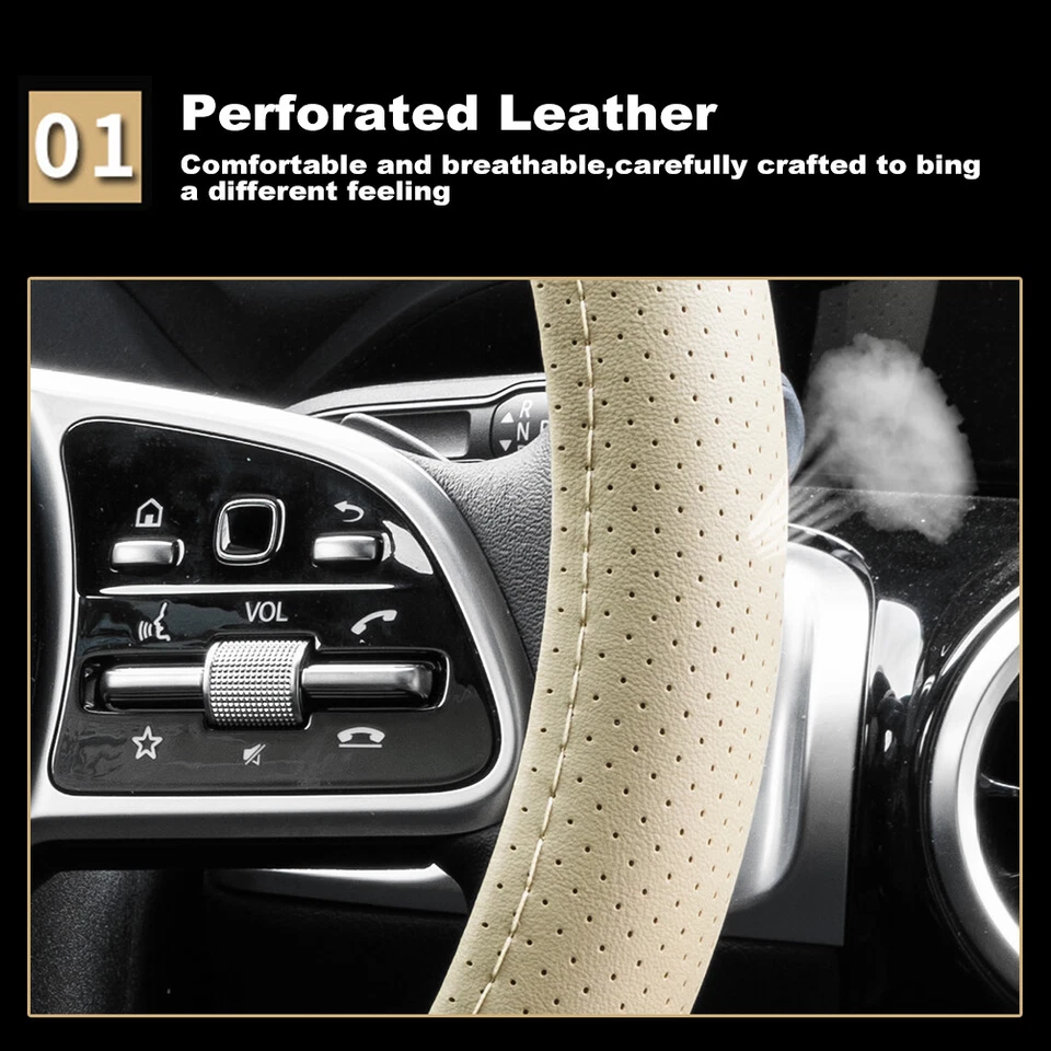 Beige Leather Car Steering Wheel Cover Wood Grain Breathable Anti-slip 15''  - Image 4 of 4