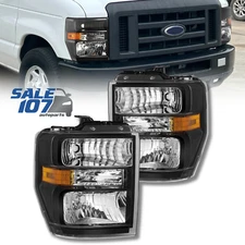 For 2008-2019 Ford E-350 Super Duty 08-14 E-150 Headlight Lamp Black Left+Right