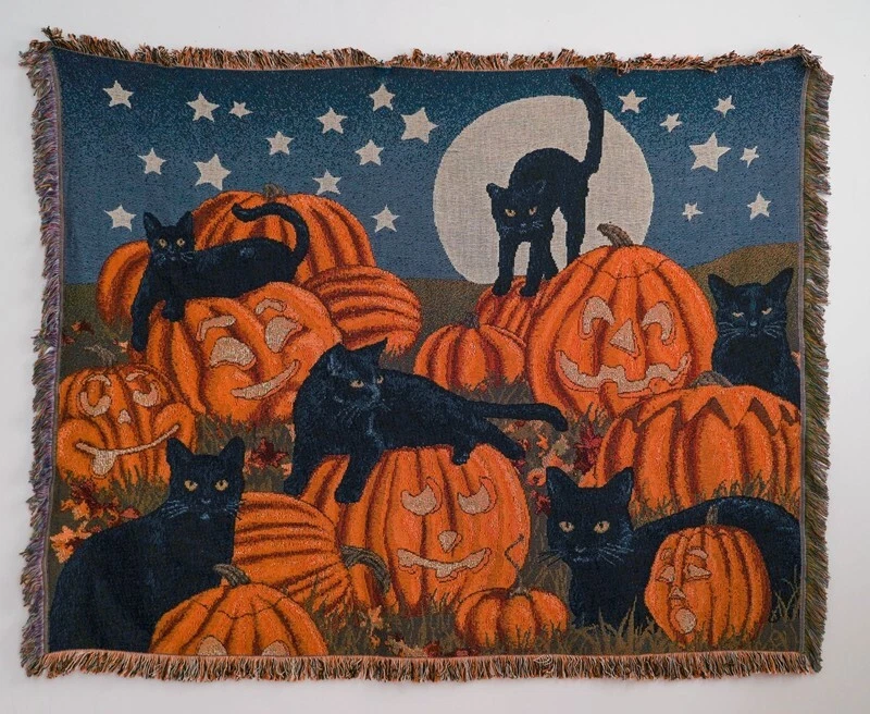 Halloween Pumpkin Black Cat Cotton and Polyester Blanket Throw - Image 2 of 4