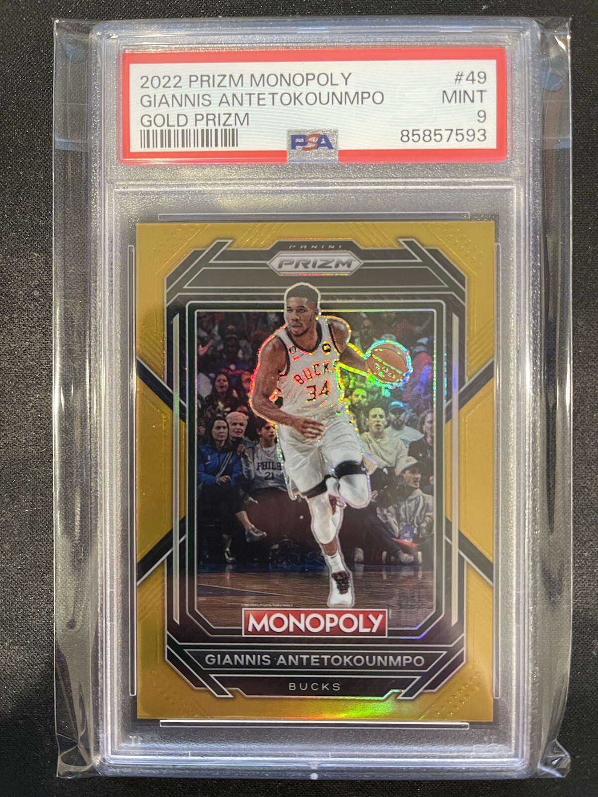 Giannis Antetokounmpo 2022-23 Prizm Monopoly Gold Prizm #49 - /49 - MINT PSA 9