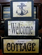 Welcome to Our Cottage Primitive Rustic Farmhouse Stacking Block Wooden Sign Set
