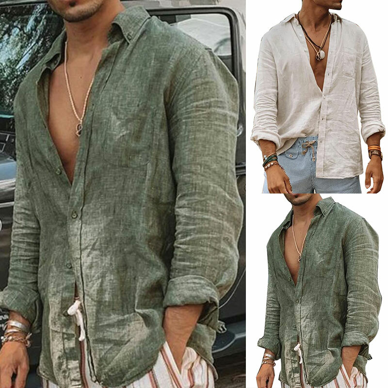 Mens Cotton Linen Shirt Long Sleeve Loose Blouse Button Down Shirts Tops Casual