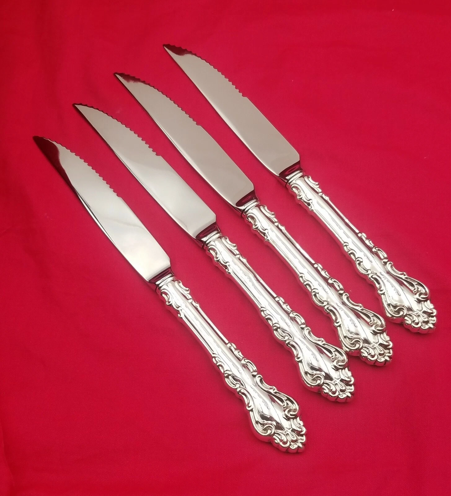 4 Spanish Baroque Reed & Barton Sterling Serrated Steak Knives Custom Made 13280