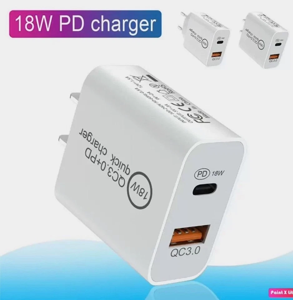Adaptador de corriente cargador de pared plegable de doble puerto USB y tipo C de 18 W para iPhone Samsung Foto 2 de 4