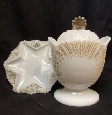 EAPG Milk Glass  Pearl Seashell Fan Dresser Jar Dish Bowl  & 6 Point Star Tray