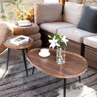 2er Set Couchtisch Holz Rund Wohnzimmertisch Sofatisch Braun Kaffeetisch 80x55cm - Bild 1 von 4