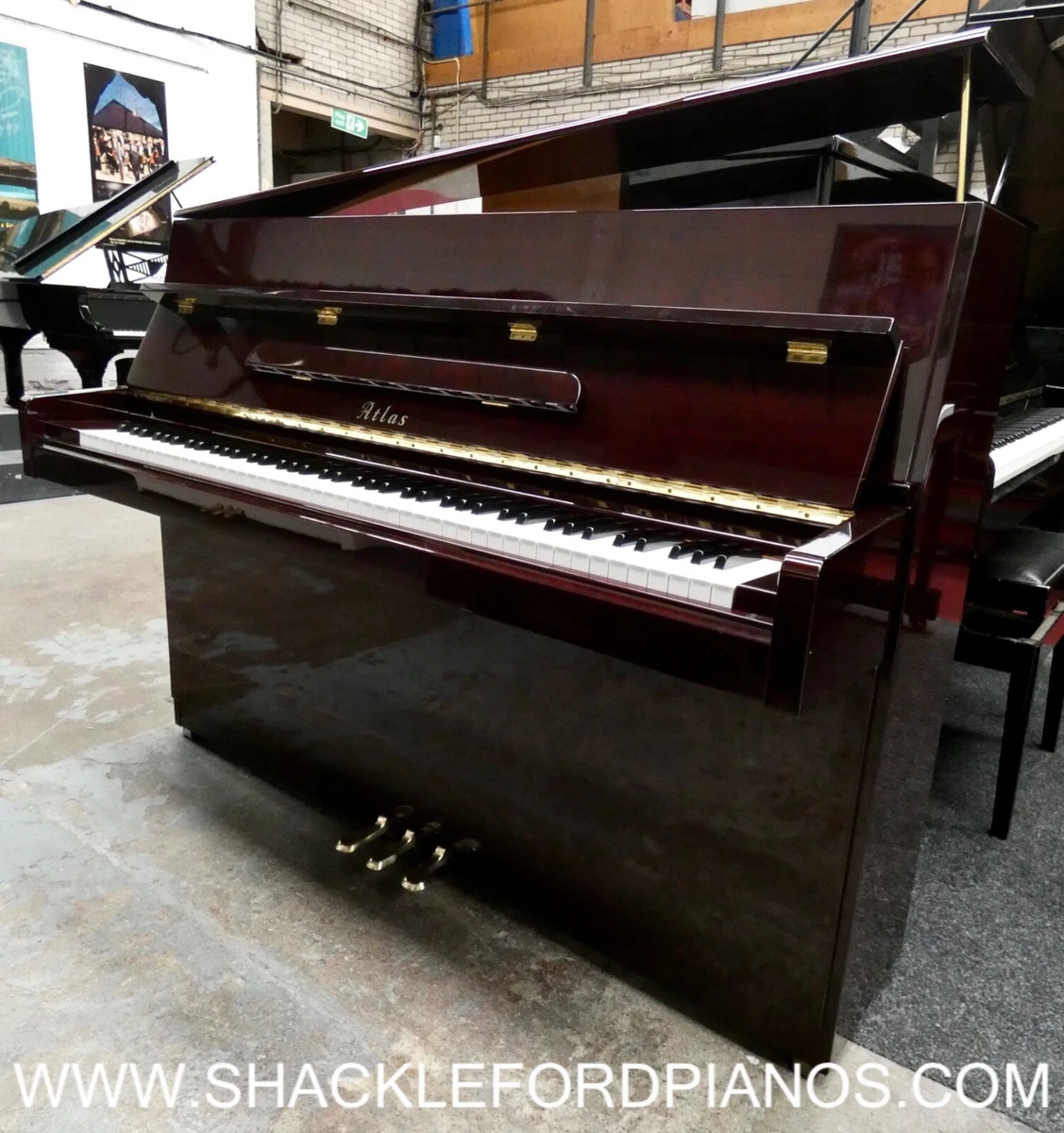 Atlas NA3D Upright Piano in Plum Mahogany Gloss Cabinetry With Practice Pedal