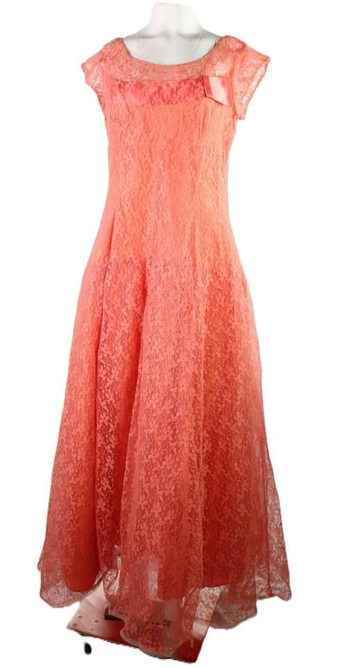 Maxi Vestido De Colección Años 50 EE. UU. Para Mujer 14 16 L XL Rosa Coral Encaje Ajuste y Acampanado Foto 3 de 4
