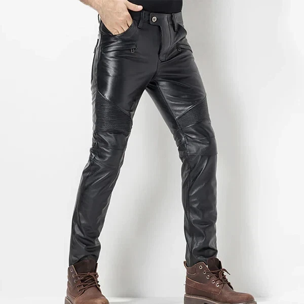Men's Black Leather Pant 100% Real Lambskin Slim fit Cargo Moto Biker Pants W32